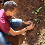 alunos realizando o plantio em canteiros no chão