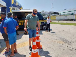 Participantes utilizando os óculos que simulam a sensação de sono e embriaguez.