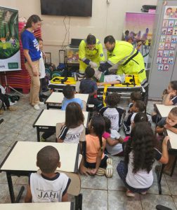 Simulação de Atendimento Pré hospitalar com ajuda dos alunos - conhecendo sobre o trabalho das equipes no socorro às vítimas em acidentes de trânsito